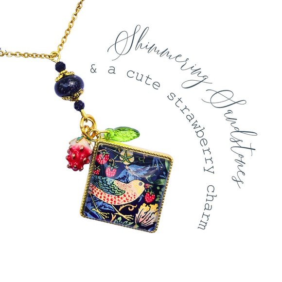 Strawberry Thief Pendant Necklace, William Morris Bird Cottage Core, Sandstone - Picture 5 of 8